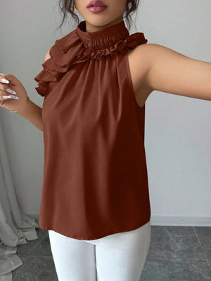 Ruffled high neck sleeveless top in Red
