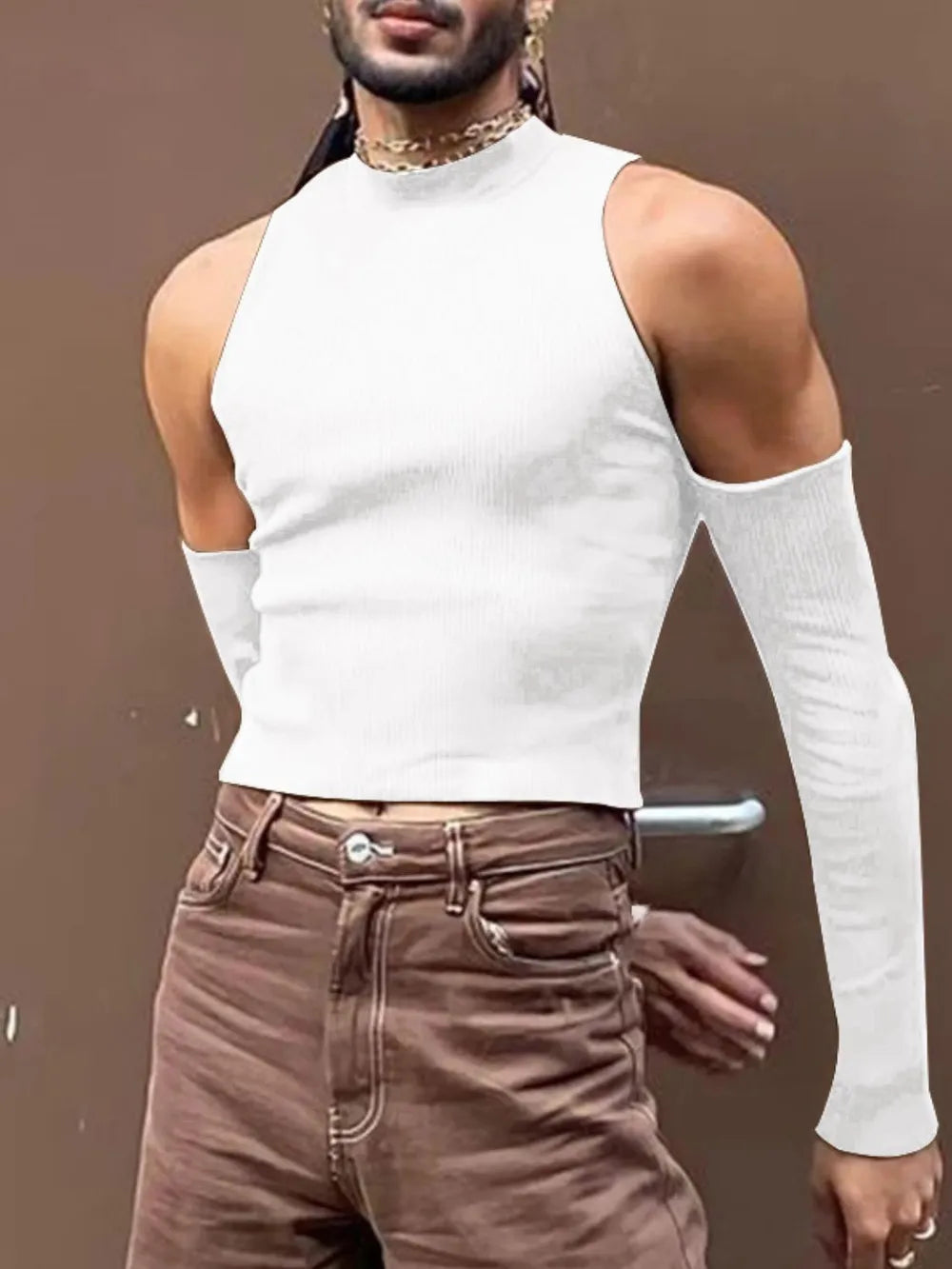 White ribbed sleeveless mock neck crop top with detachable sleeves.