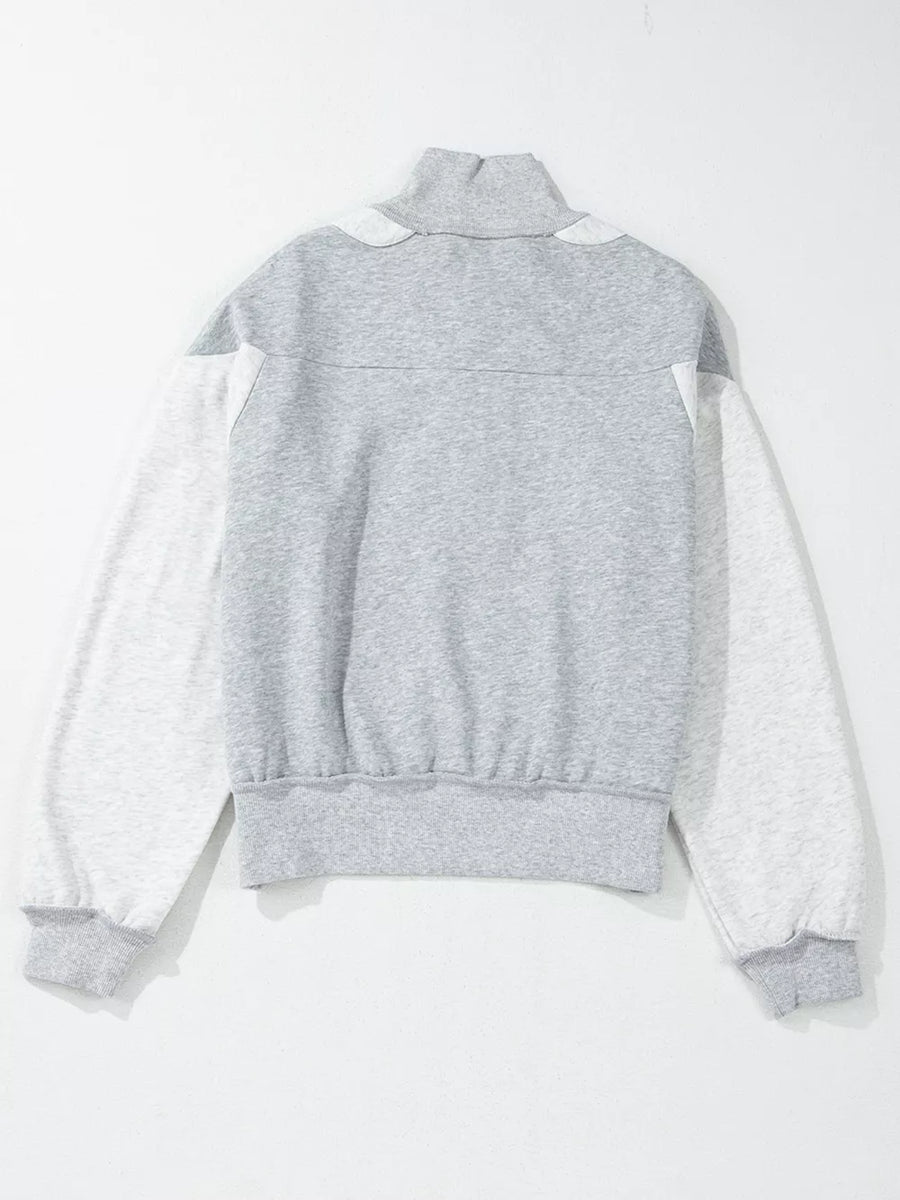 Light Gray with Half Zipper Collared Drop Shoulder Sweatshirt