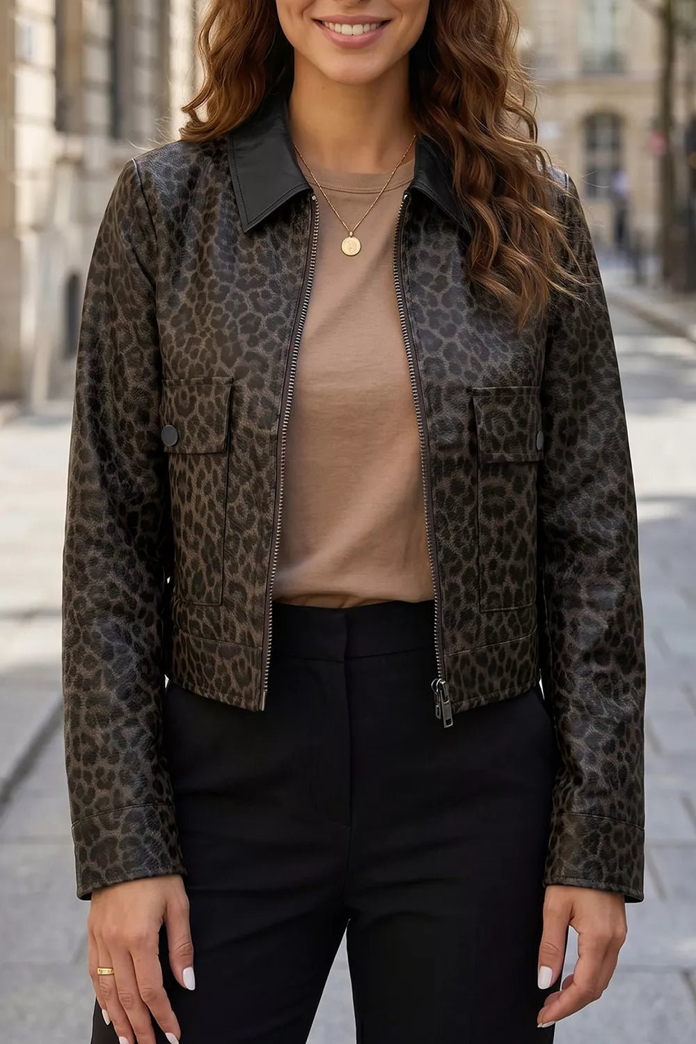 Black Leopard Print Cropped Faux Leather Jacket
