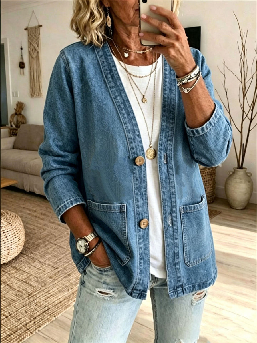 denim jacket in Camel with button-front and hip-length