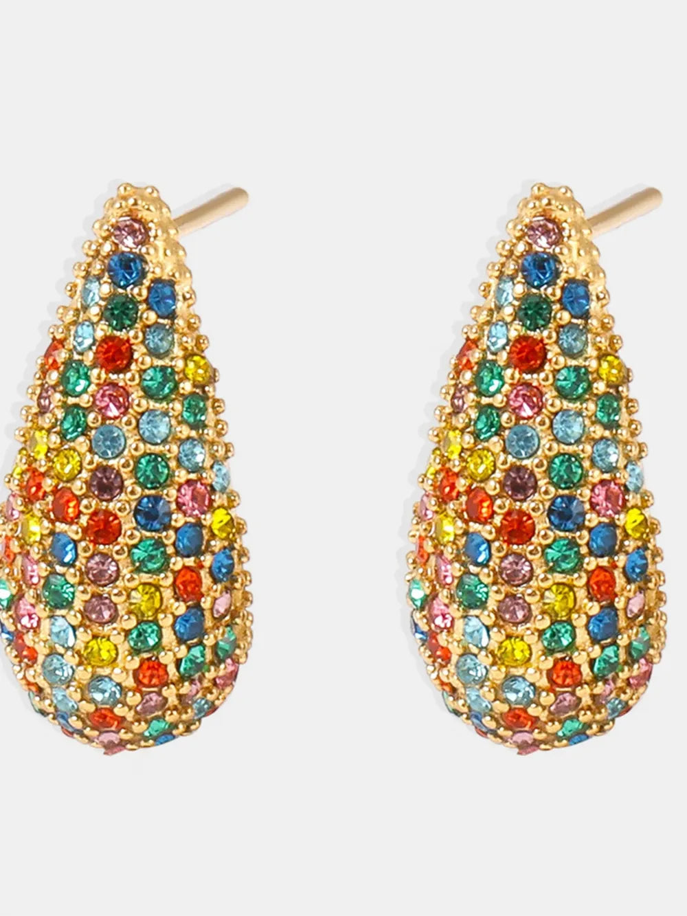 Gold teardrop stud earrings with multicolor pavé crystal embellishments.