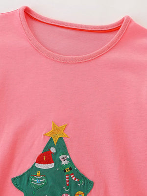 Pink cotton dress with embroidered Christmas tree, Santa hat, and elf detail.