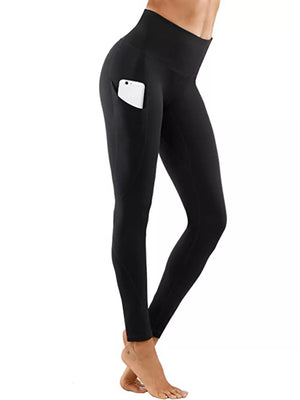 Black high-waisted leggings with side pocket and phone detail
