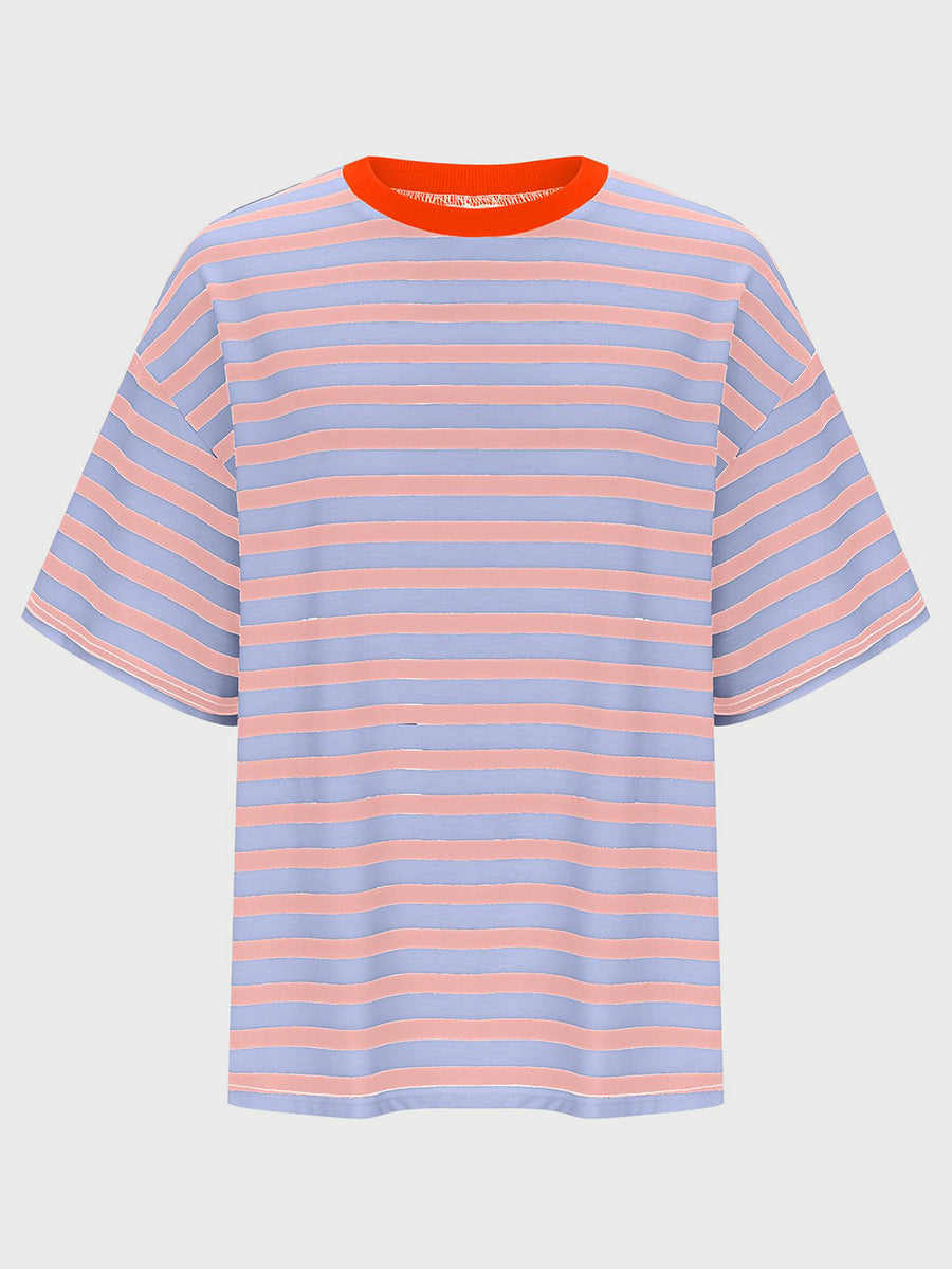 Oversized striped tee with dropped sleeves in light blue and sherbet pink stripes and orange neckline.