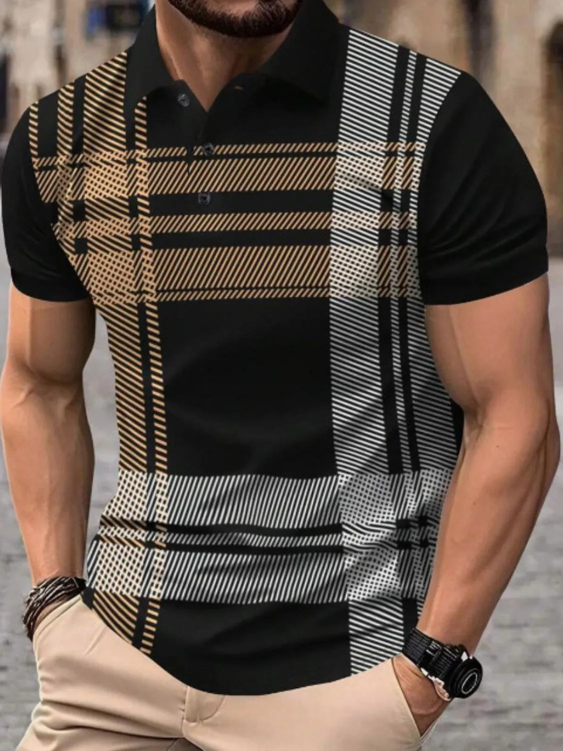 Black polo shirt with graphic plaid panel and striped details