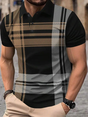 Black polo shirt with graphic plaid panel and striped details