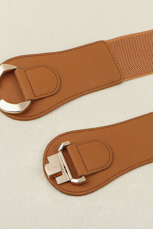 Caramel elastic corset belt with sculpted gold buckle detail