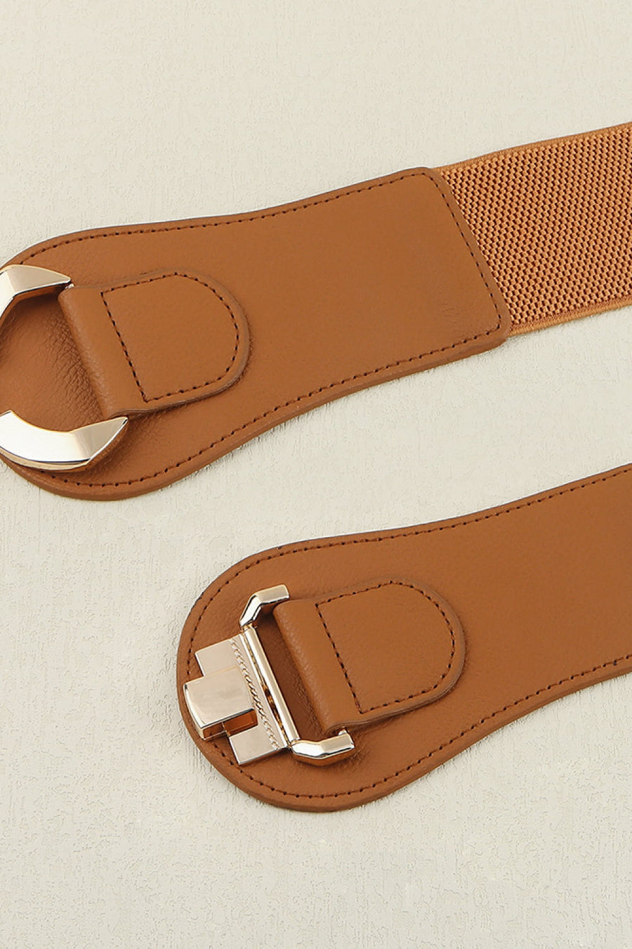 Caramel elastic corset belt with sculpted gold buckle detail