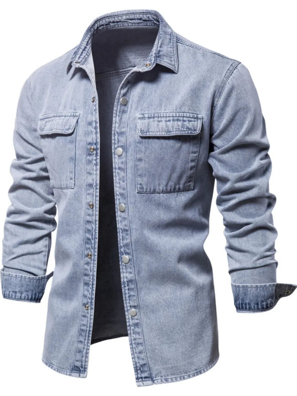 Light faded denim utility shirt jacket with buttoned chest pockets and collar.