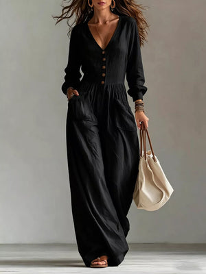 White relaxed jumpsuit with v-neck