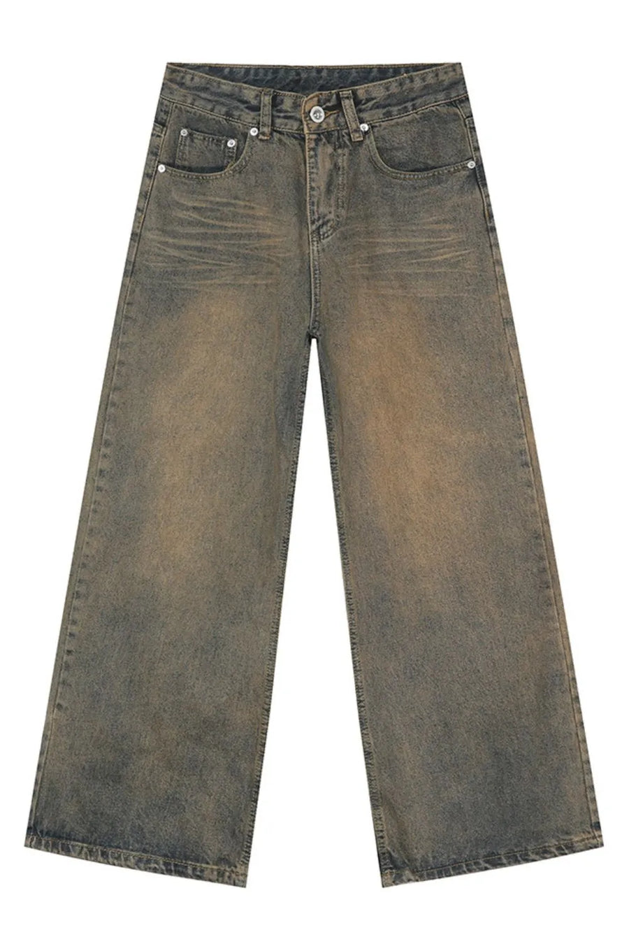 Whiskered denim straight leg jeans in taupe with a faded wash and wide leg.