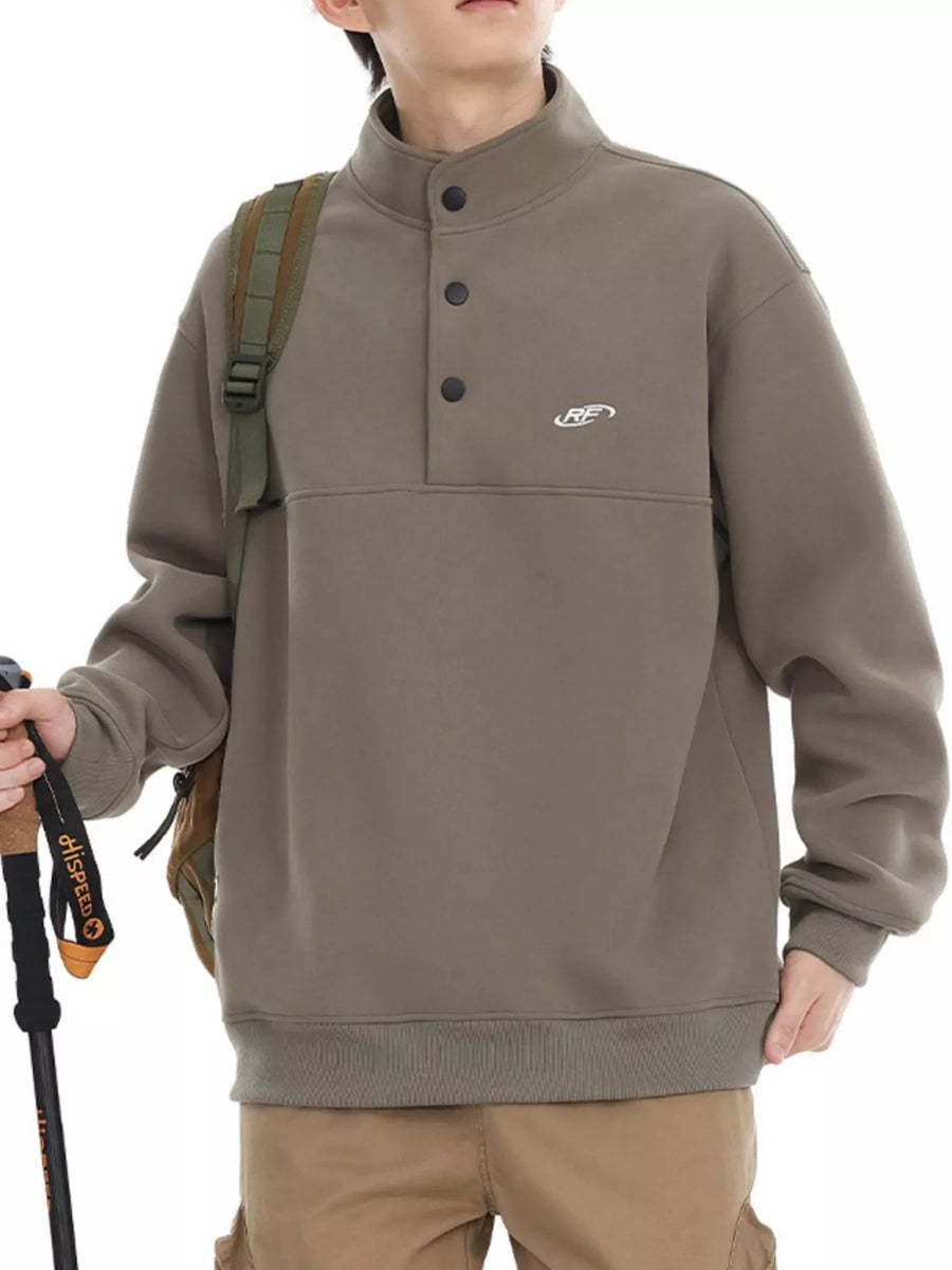 Plus-size khaki buttoned sweatshirt pullover with mock neck and embroidered logo.