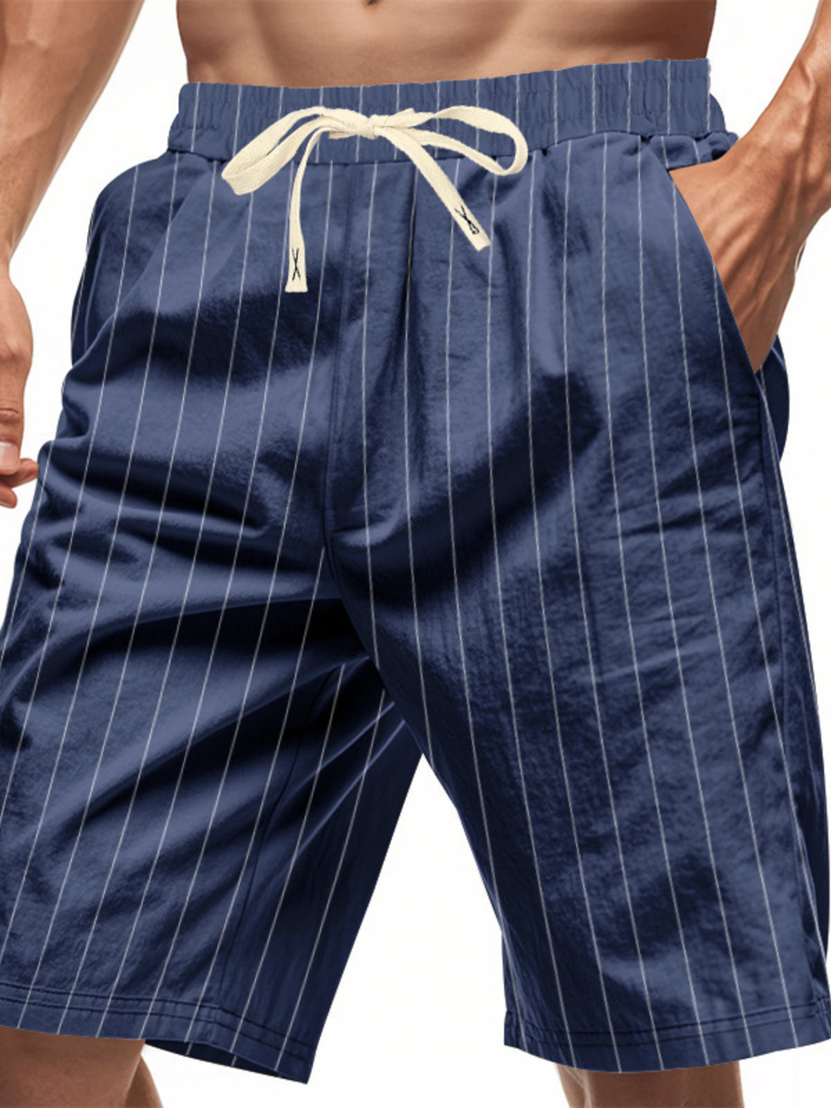 Navy striped chino shorts with drawstring waist and pockets.