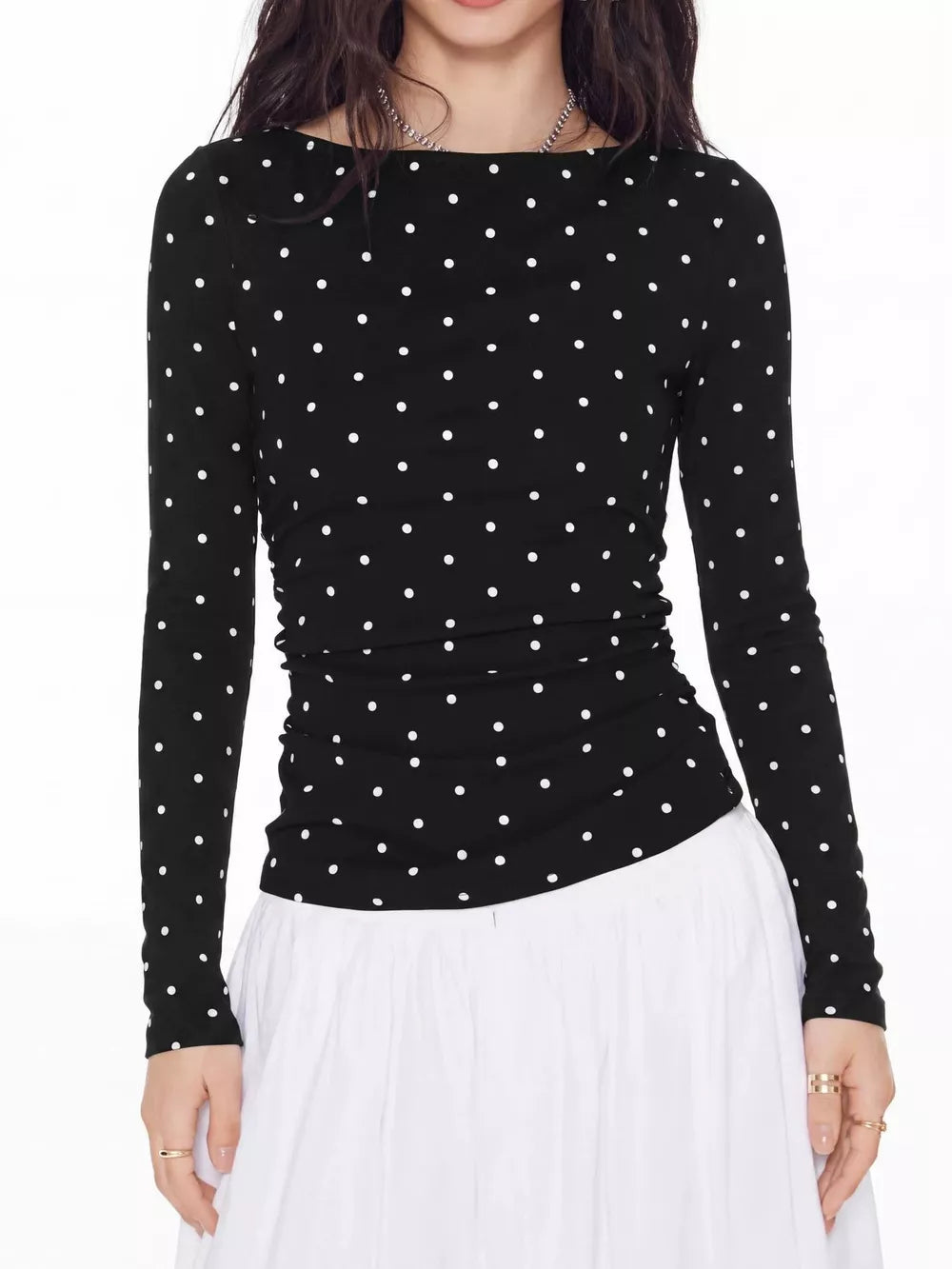 Long Sleeve Polka Dot Tie Back T-shirt in white with tied