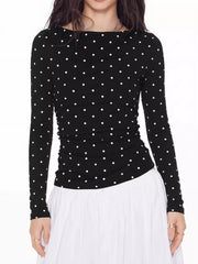 Long Sleeve Polka Dot Tie Back T-shirt in white with tied