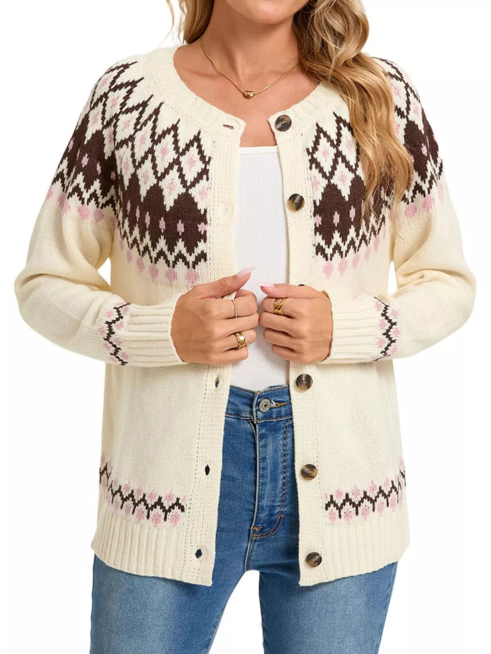 Apricot cardigan with hip-length and button-front