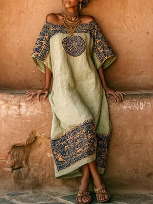 sage green midi dress with geometric and off-shoulder