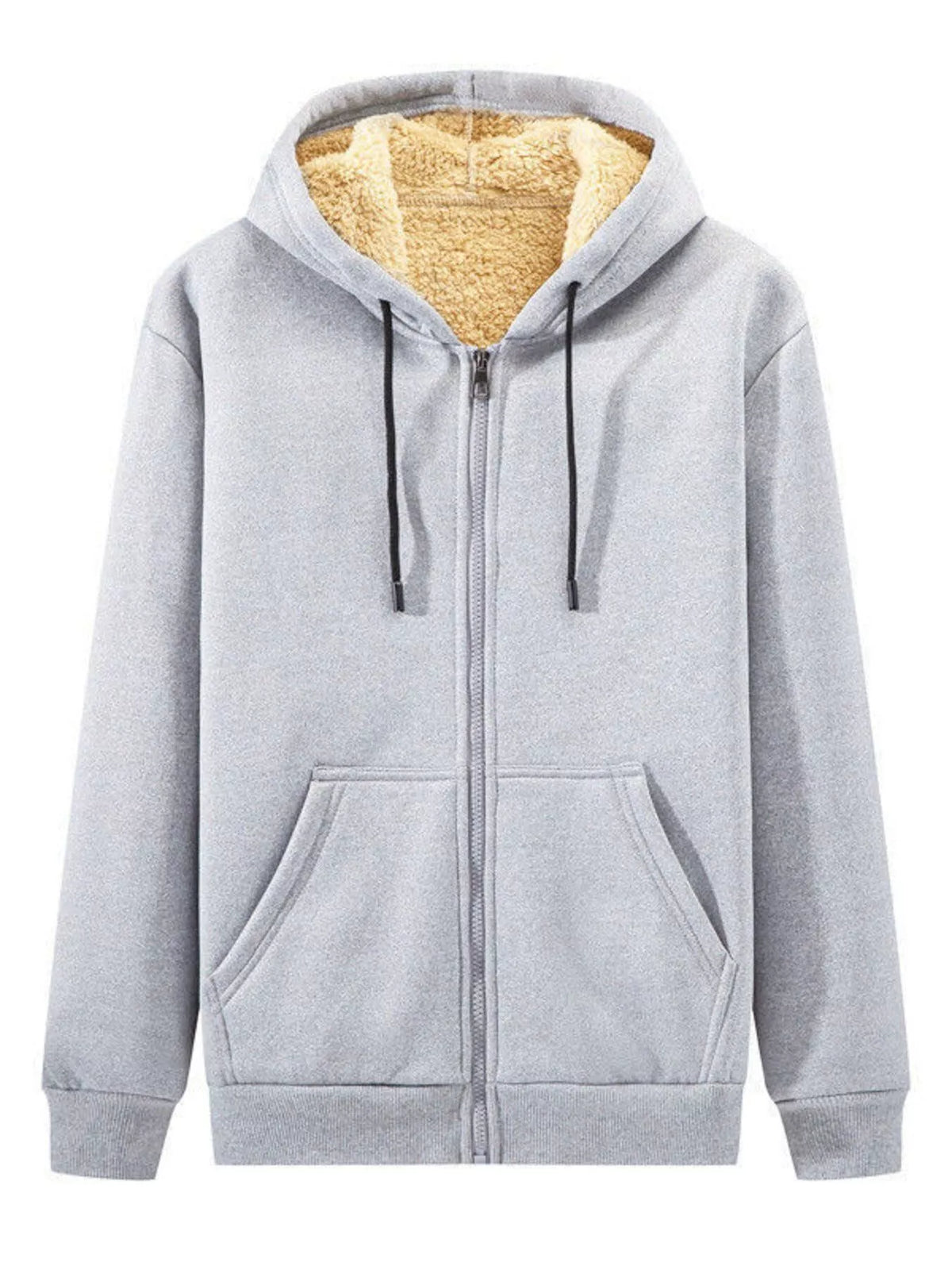 Plus-size gray sherpa lined zip up hoodie with drawstring hood and front pockets.