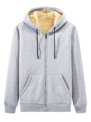 Plus-size gray sherpa lined zip up hoodie with drawstring hood and front pockets.