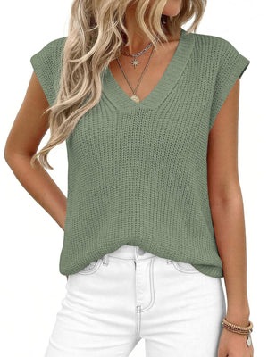 Sage green textured V-neck sleeveless sweater vest with a relaxed fit.