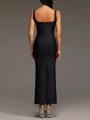 Black bodycon dress featuring rhinestone and geometric