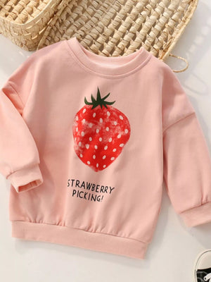 Kids' watermelon pink cotton sweatshirt with strawberry graphic and text.