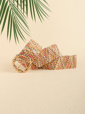 Woven raffia belt with multicolor flecks and sculpted gold buckle.