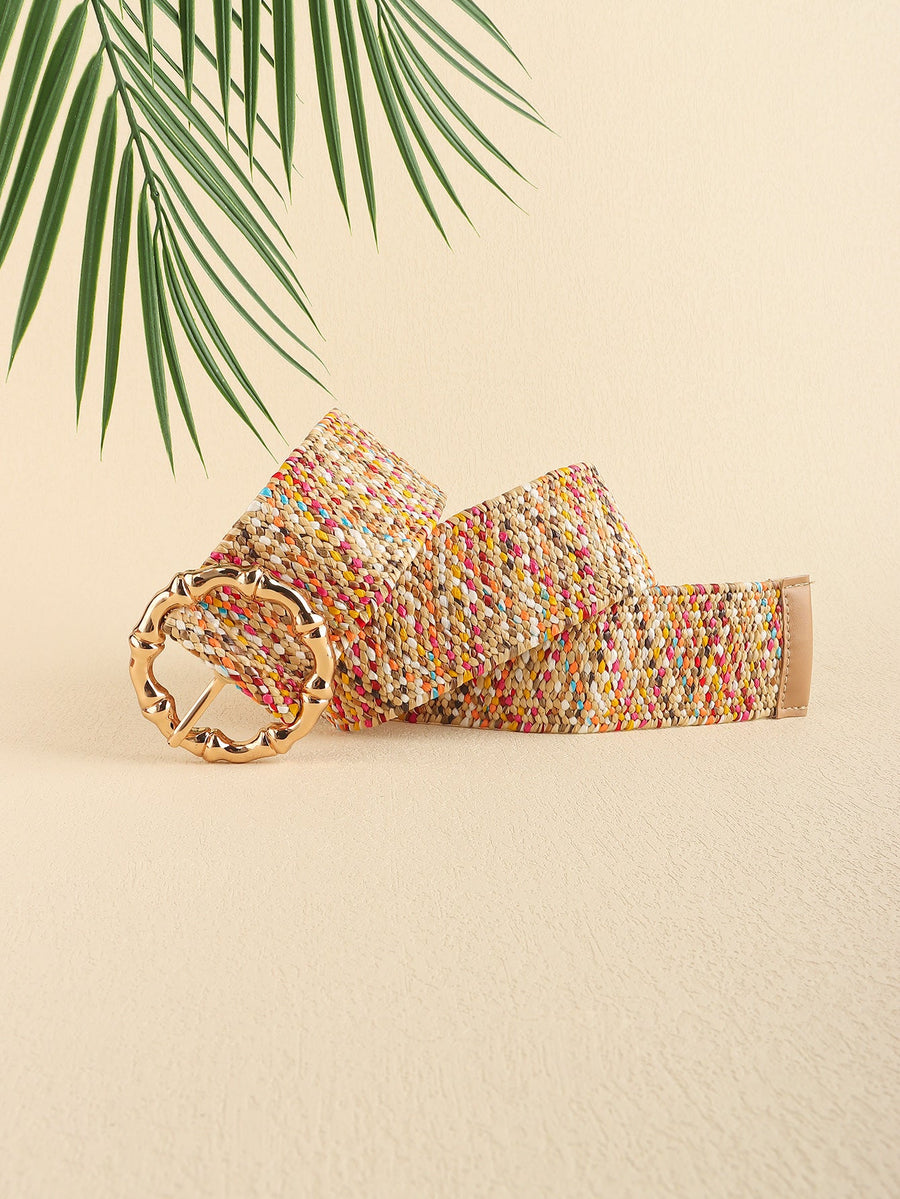 Woven raffia belt with multicolor flecks and sculpted gold buckle.