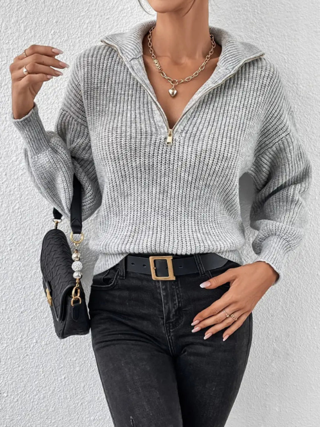 classic zip-up sweater in Dark Brown with collared
