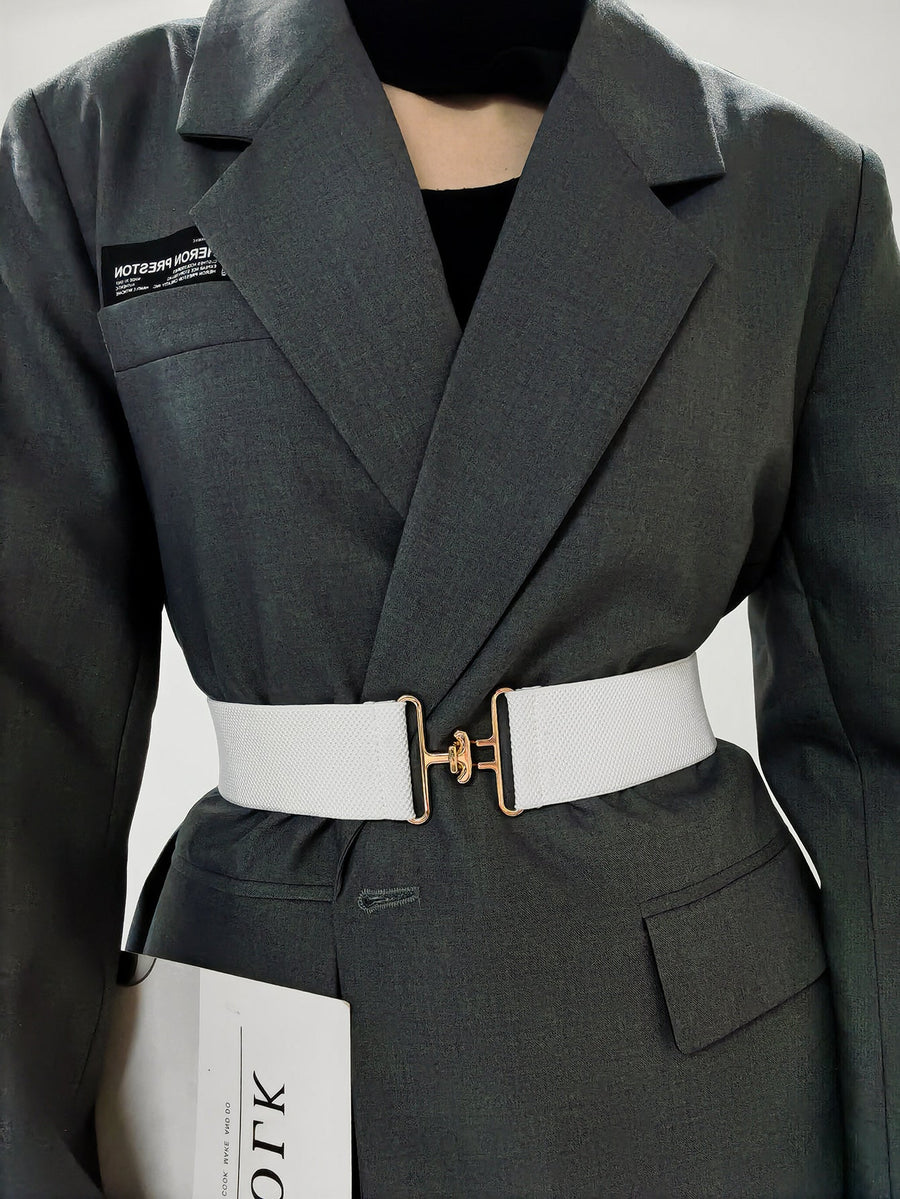White elastic belt with gold sculpted buckle detail
