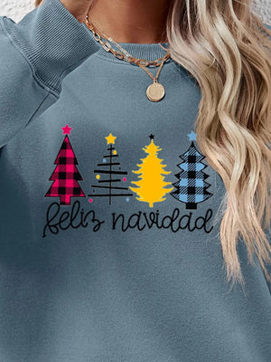 Feliz Navidad graphic crewneck sweatshirt in Misty Blue with Christmas trees and script text.