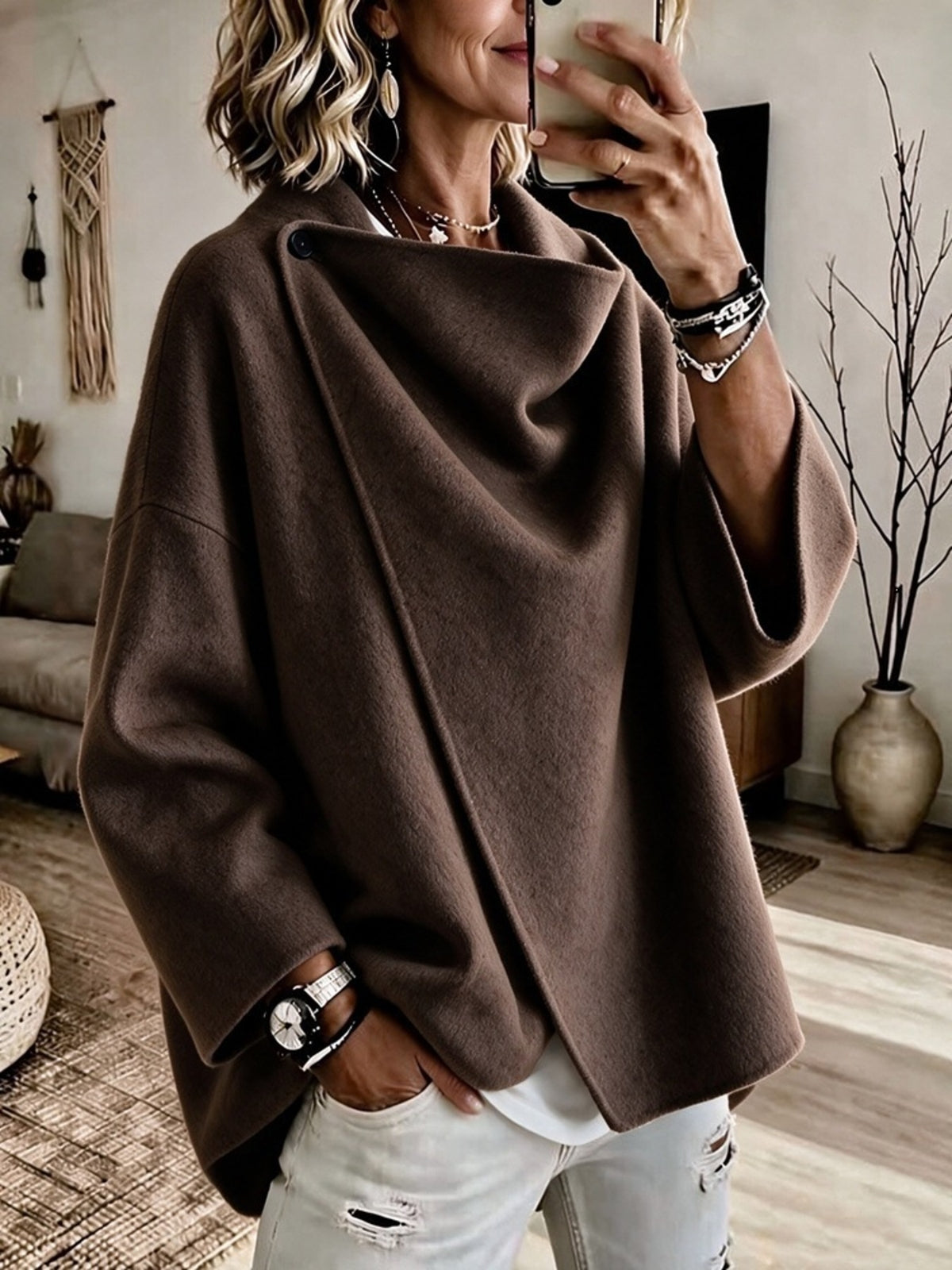 Khaki oversized cape with cowl neck