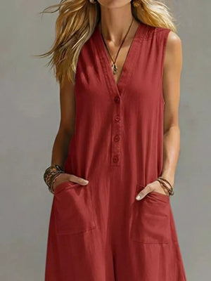 Red linen blend sleeveless v-neck button-front jumpsuit with pockets