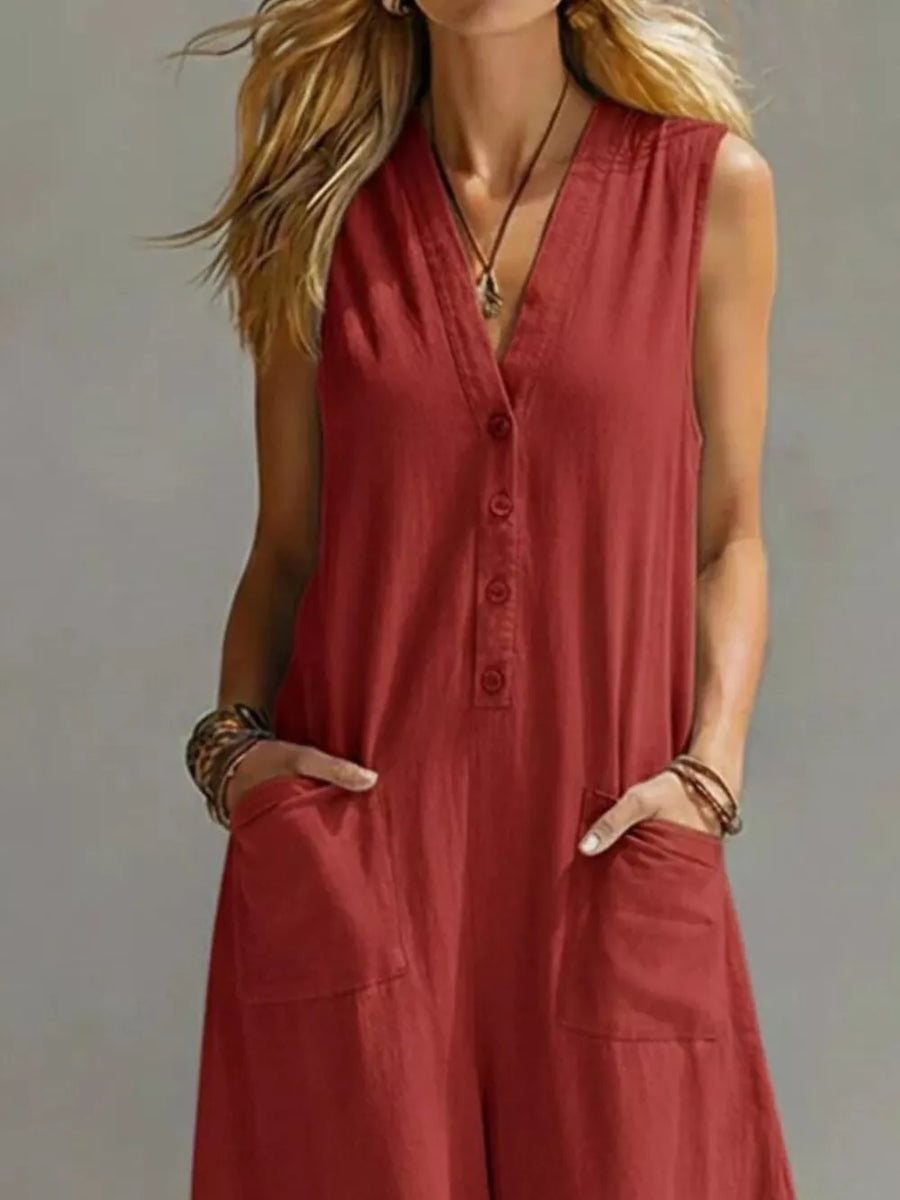 Red linen blend sleeveless v-neck button-front jumpsuit with pockets