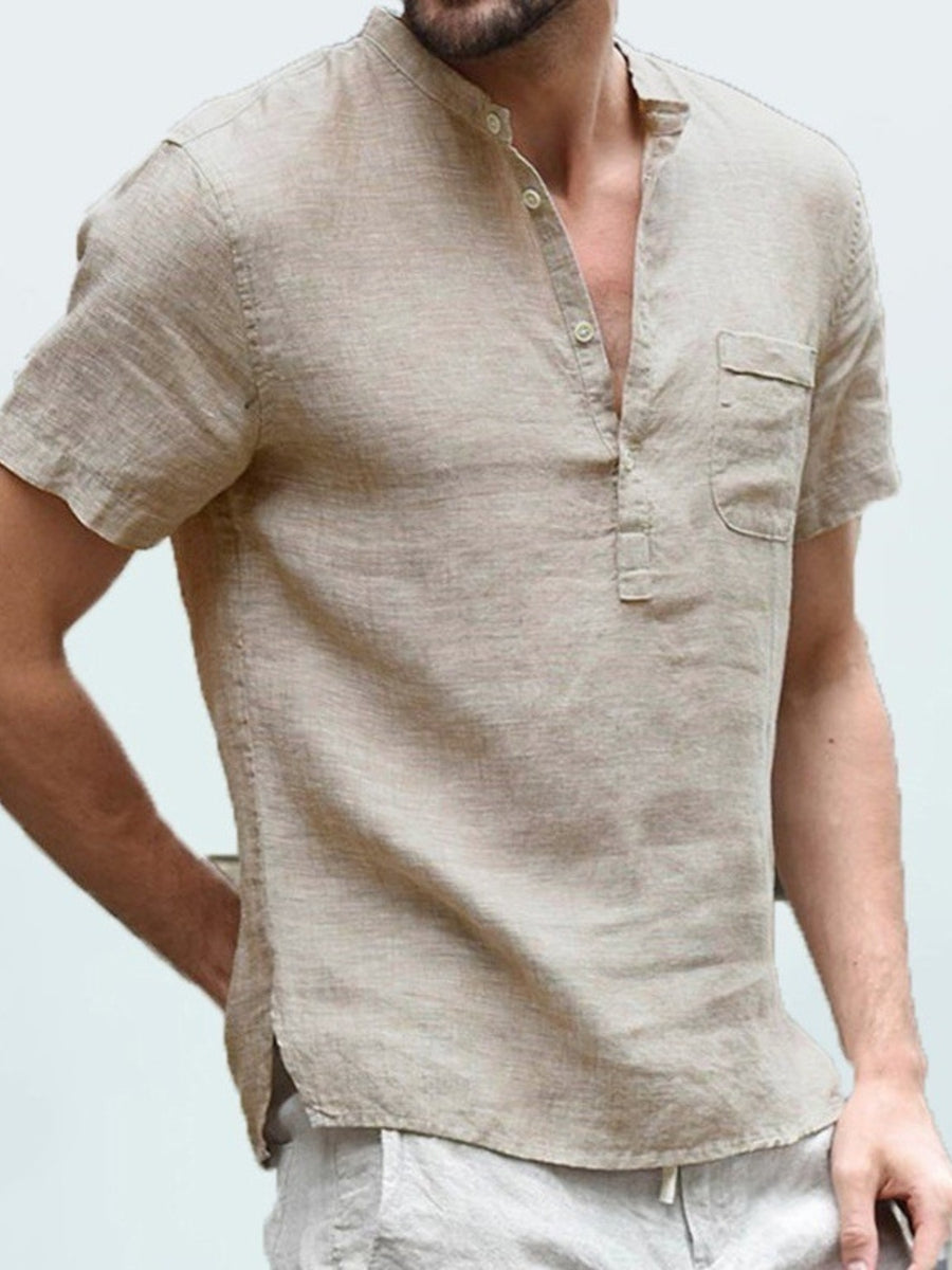 Men's casual short sleeve shirt in Khaki cotton blend with button detail and chest pocket.