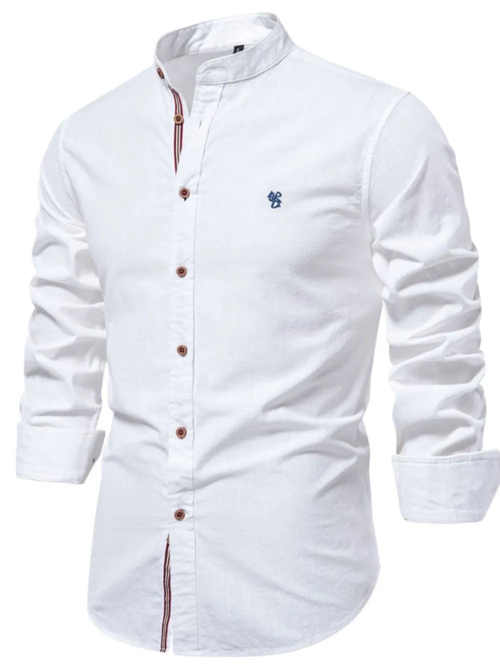 White linen shirt with mandarin collar, buttoned front, and blue embroidered detail.