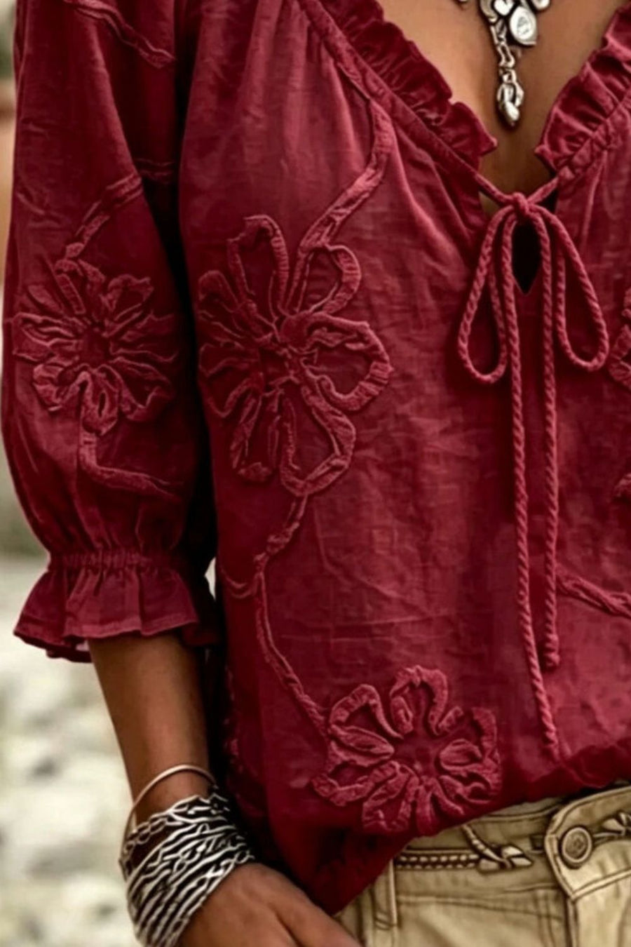 100% polyester Care instructions: Machine wash cold blouse in Burgundy with relaxed silhouette