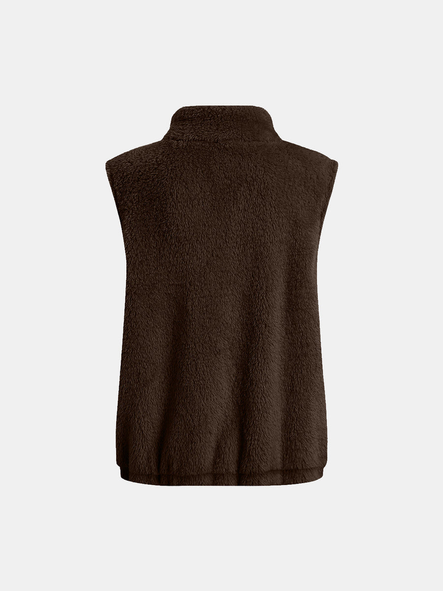 Chocolate teddy fleece stand-collar vest with a soft texture.