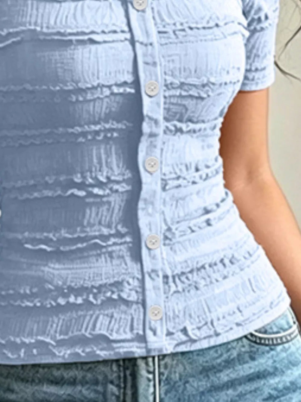 Frill Square Neck Short Sleeve Top in Sky Blue with buttoned