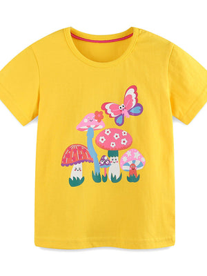 Yellow cotton toddler t-shirt with whimsical mushroom and butterfly print
