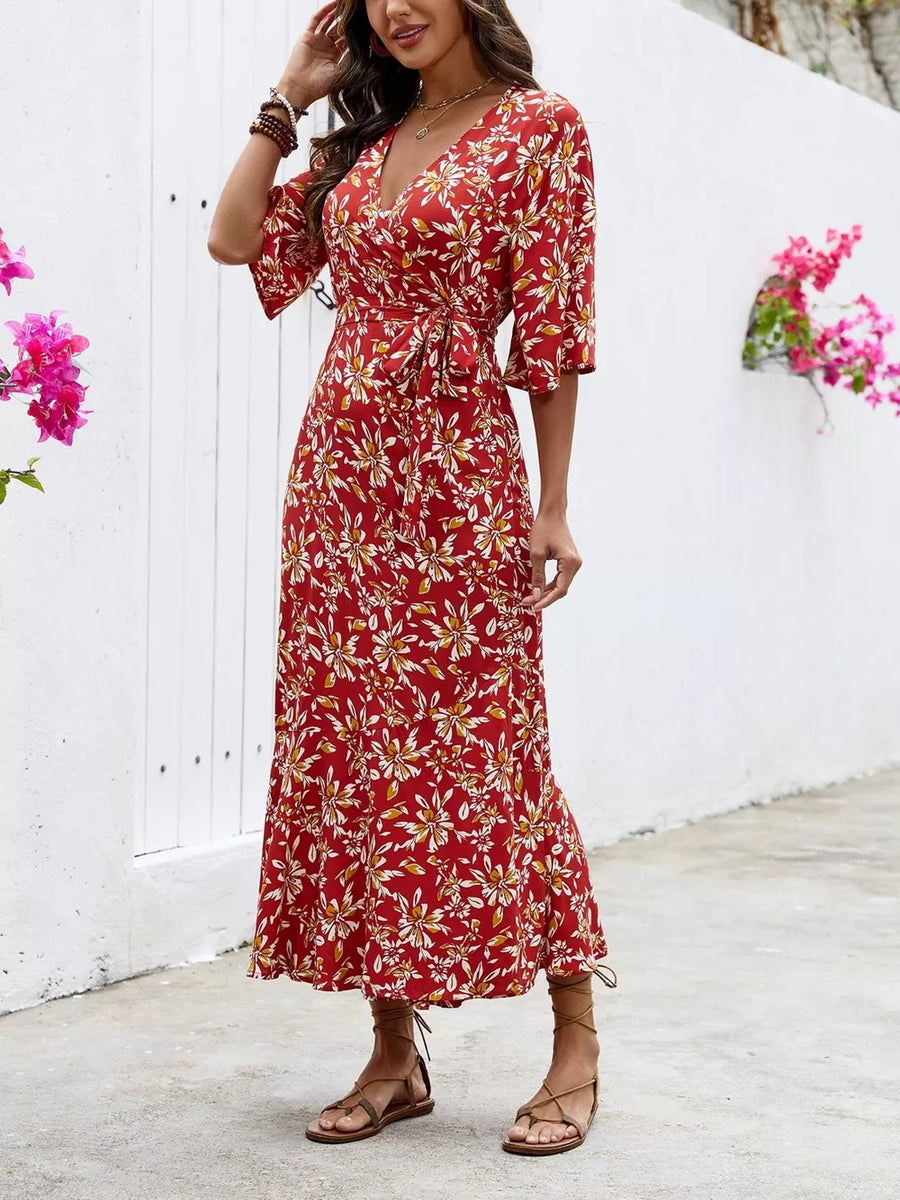 Navy Blue wrap dress with wrap and floral