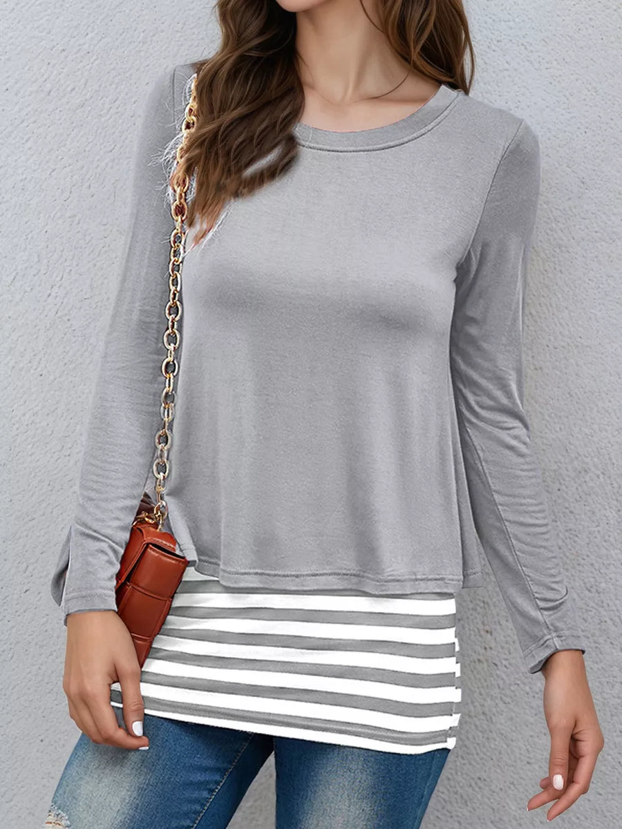 Light Gray with Layered Crew Neck Long Sleeve Striped T-shirt in Light Gray