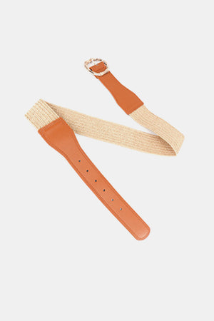 Raffia and leather belt with alloy buckle in caramel color