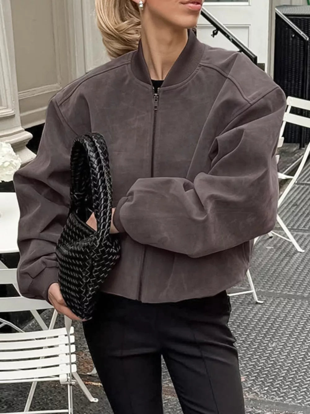 96% polyester, 4% elastane Care instructions: Machine wash cold bomber jacket in charcoal brown with oversized silhouette