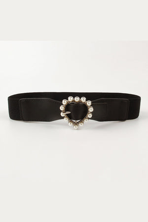 Black stretch belt with pearl-embellished heart buckle