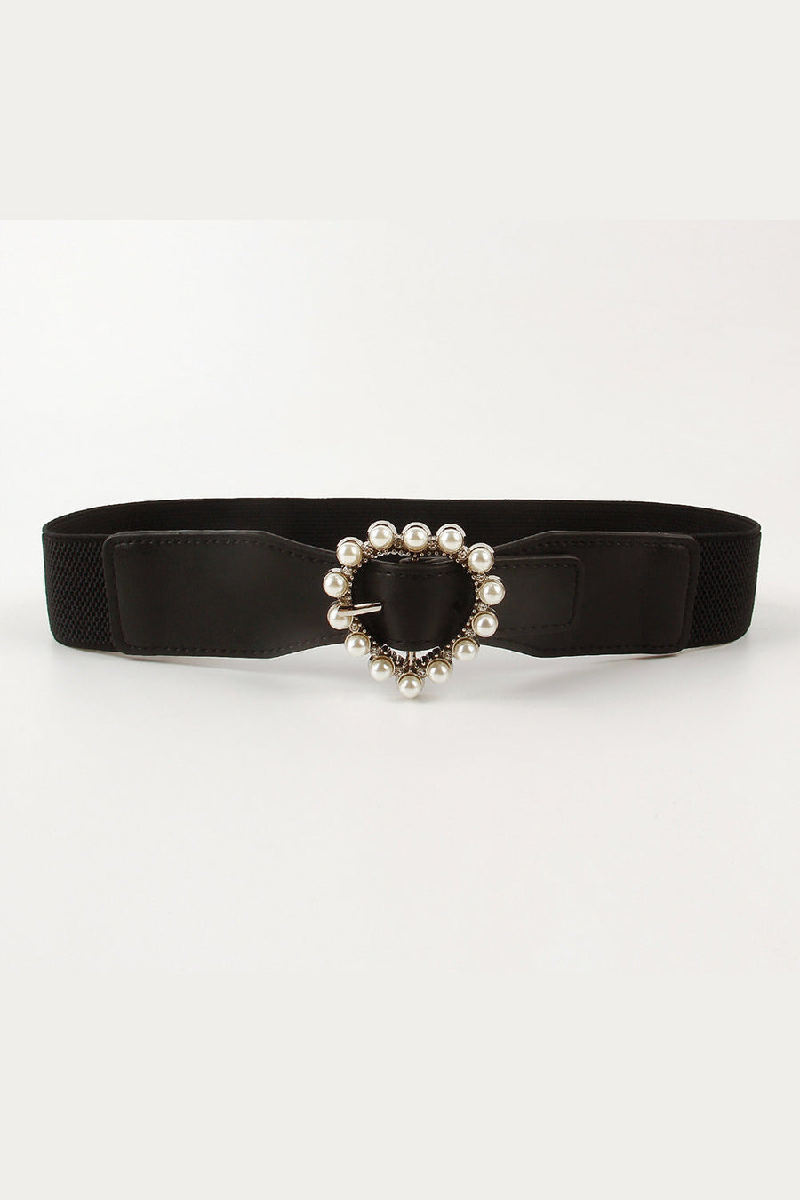 Black stretch belt with pearl-embellished heart buckle