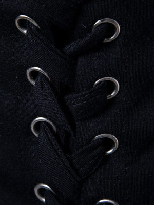 Black cotton t-shirt with silver grommets and lace-up detail.