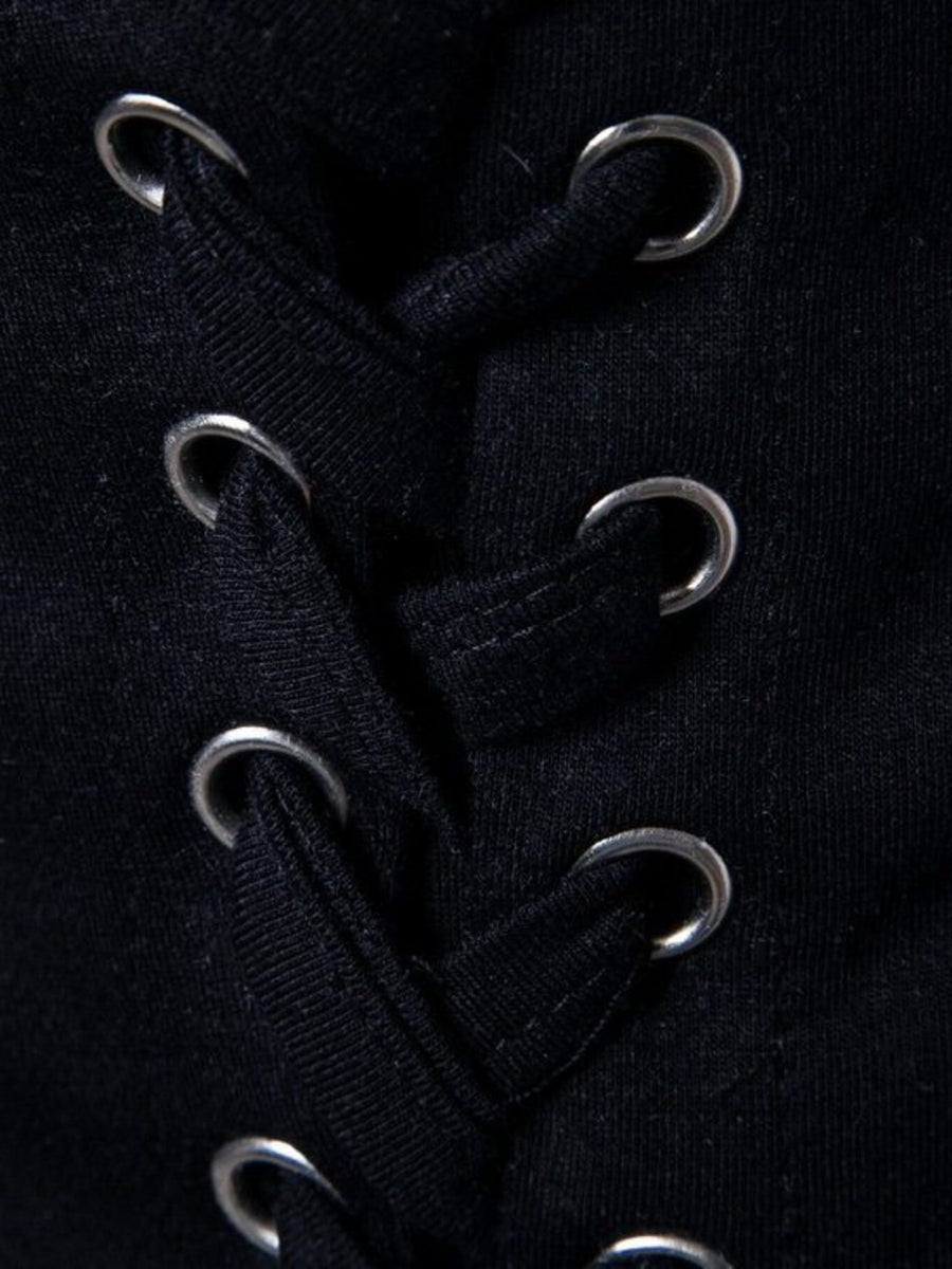 Black cotton t-shirt with silver grommets and lace-up detail.