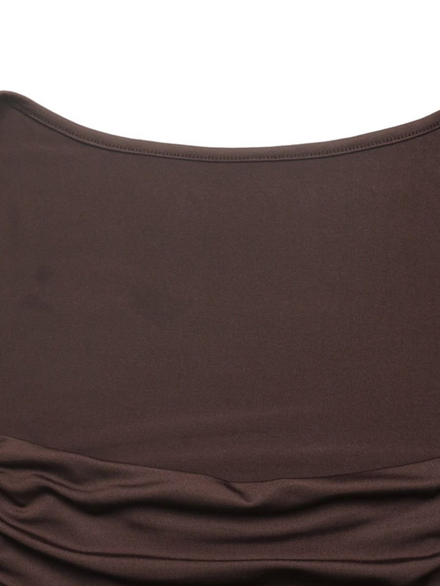 dark brown A-line maxi dress with square neck